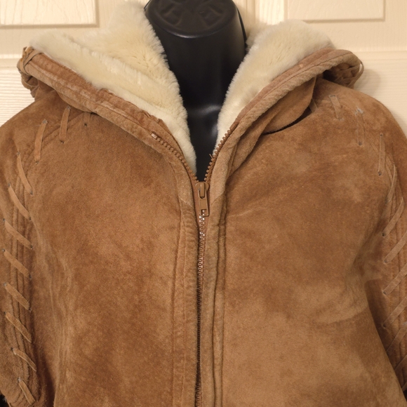 Vtg Synergy Leather Faux Shearling Hooded Coat Sueded Modacrylic Lined, Sz S - Picture 2 of 16